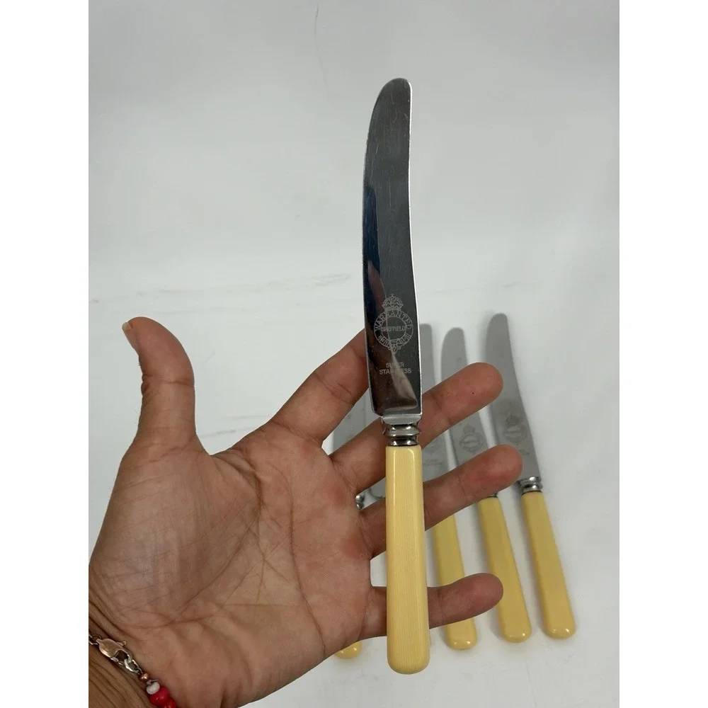 Vintage Sheffield Dinner Knives Set 6‎ Yellow Handle MCM Retro Flatware